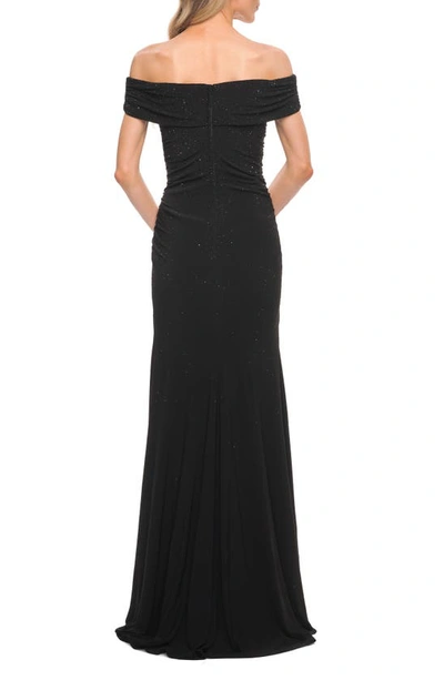 Shop La Femme Off The Shoulder Beaded Sheath Gown In Black
