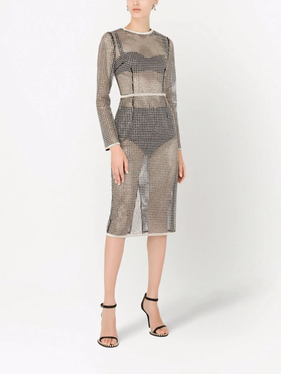 Dolce & Gabbana Mesh Midi Dress With Rhinestone Embellishment In Grey
