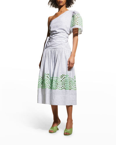 Shop Tanya Taylor Magdalena One-sleeve Embroidered Midi Dress In Optic Whiteblackm