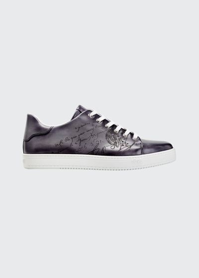 Shop Berluti Men's Playtime Scritto Leather Sneakers In Light Aluminio