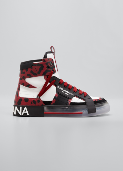 Shop Dolce & Gabbana Men's Cheetah-print Clear-sole High-top Sneakers In Prnt/red