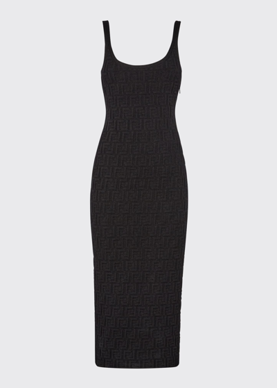 Shop Fendi Logo Embossed Body-con Midi Dress In Black
