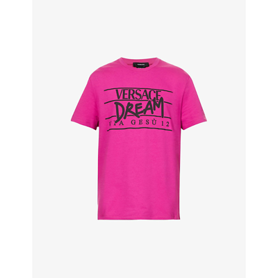 Shop Versace Dream Text-print Cotton-jersey T-shirt In Fuxia