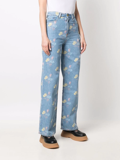 Shop Ganni Floral-print Denim Jeans In Blau