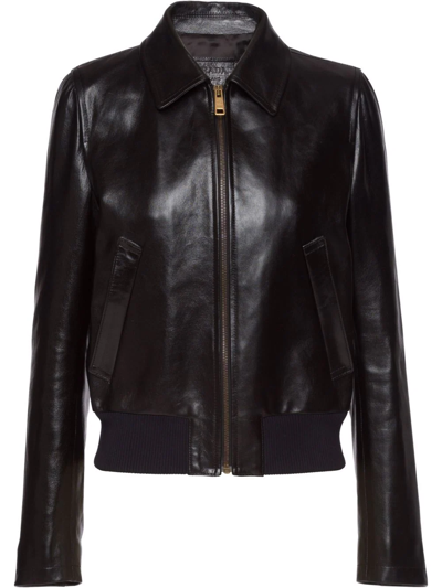 Shop Prada Cropped Leather Bomber Jacket In Schwarz