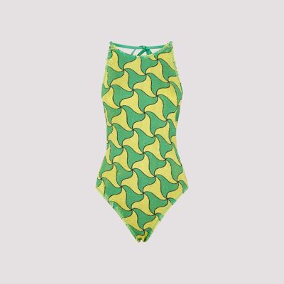 Shop Bottega Veneta Wavy Triangle Printed Swimsuit In Green