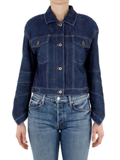 Shop Loewe Logo Patch Buttoned Cropped Denim Jacket In Blue