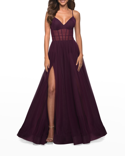 Shop La Femme Illusion Bodice Tulle A-line Gown In Dark Berry