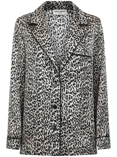 Shop Saint Laurent Ladies Black Leopard-pattern Silk Blazer