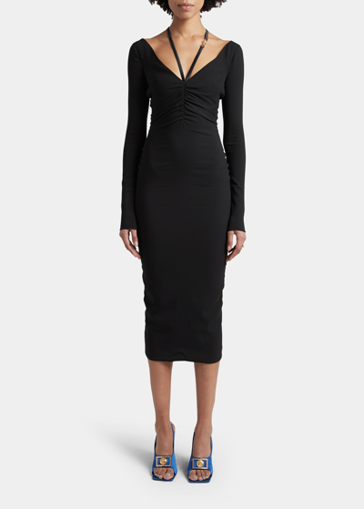 Shop Versace La Medusa Ruched Georgette Midi Dress In Black