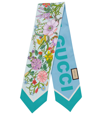 Shop Gucci Floral Silk Twill Scarf In Bluette