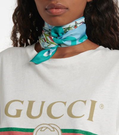 Shop Gucci Floral Silk Twill Scarf In Bluette