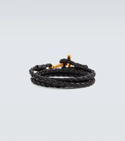 Shop Tom Ford Braided Leather Bracelet In Dark Brown+gold