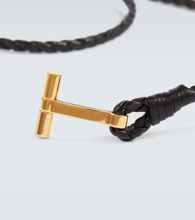 Shop Tom Ford Braided Leather Bracelet In Dark Brown+gold