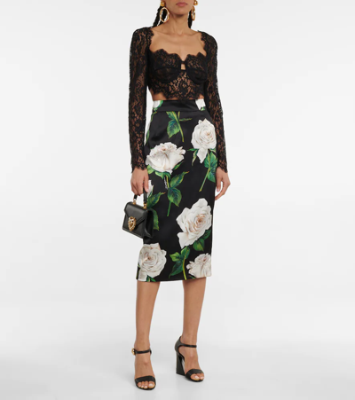 Shop Dolce & Gabbana Floral Silk-blend Satin Pencil Skirt In Rose Bianche F.nero