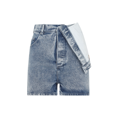 Y/project Draped-waist Stonewashed-denim Shorts In Blue
