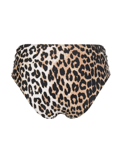 Shop Ganni Leopard-print Bikini Bottoms In Braun