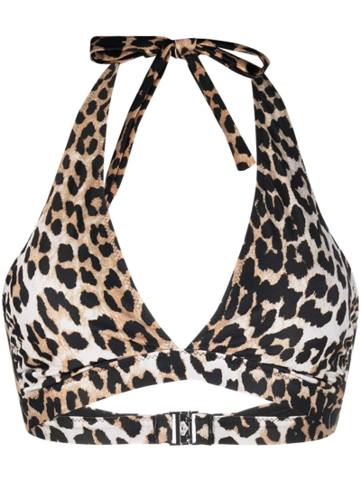 Shop Ganni Leopard-print Bikini Top In Braun