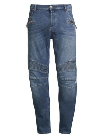 Shop Balmain Men's Ribbed Slim-fit Moto Jeans In Vintage Used