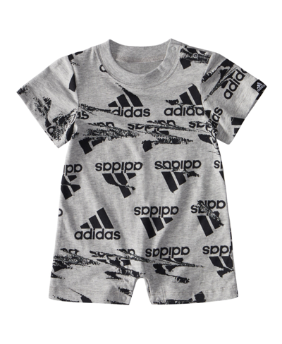 Shop Adidas Originals Baby Boys Short Sleeves Printed Shortie Romper In Gray Heather With Black