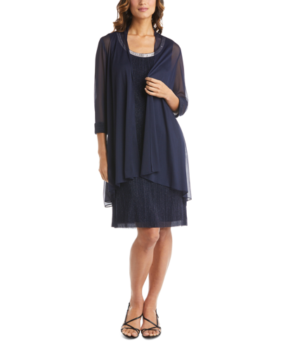 Shop R & M Richards Beaded-neck Dress & Removable Jacket In Navy
