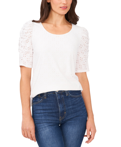 Cece Crewneck Ruched Elbow Sleeve Top In Ultra White