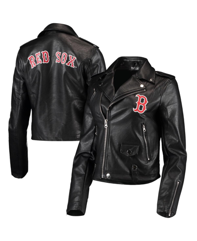 The Wild Collective Women's  Black Boston Red Sox Faux Leather Moto Full-zip Jacket In Black