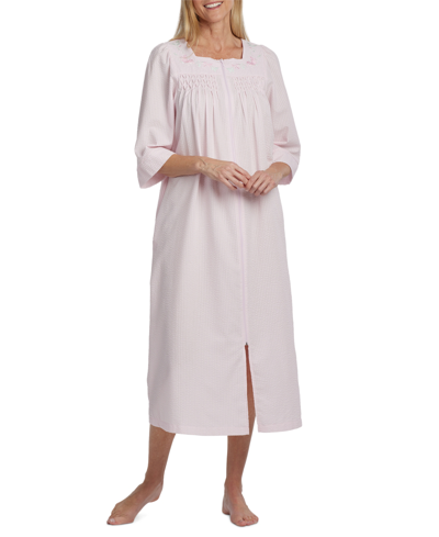 Shop Miss Elaine Long Zipper Embroidered Seersucker Robe In Pink