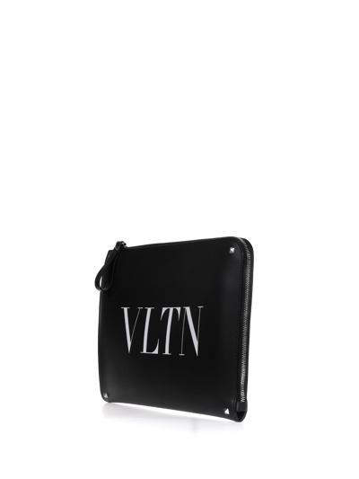Shop Valentino Clutch Vltn In Leather In Nero Bianco