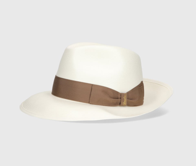 Shop Borsalino Amedeo Fine Panama Wide Brim In White, Brown Hatband