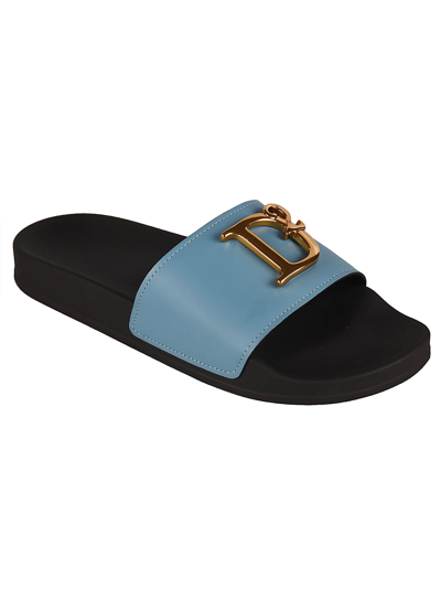 Dsquared2 10mm D2 Statement Leather Slides In Black/light Blue