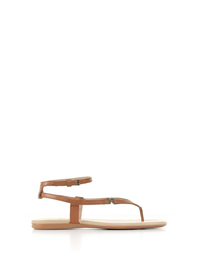 Hogan Valencia Thong Sandal In Tan Leather In Cuoio Scuro | ModeSens