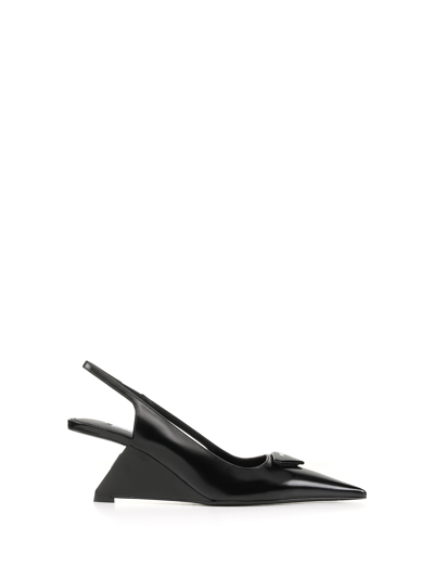 Shop Prada Brushed Leather Slingback Pumps In Nero