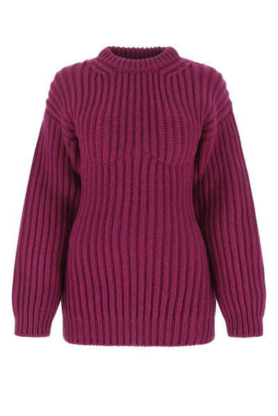 Shop Prada Logo Plaque Ribbed Knit Crewneck Sweater In Purple