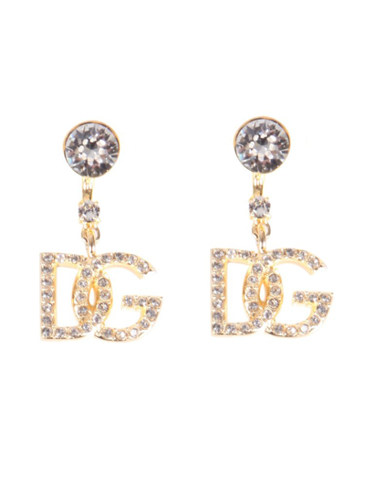 Shop Dolce & Gabbana Embellished Logo Charm Earrings In Gold