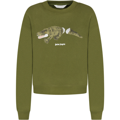 Shop Palm Angels Green Sweatshirt For Boy With Crocodile