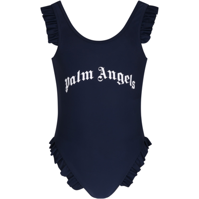 Shop Palm Angels Blue Swimsuit For Girl