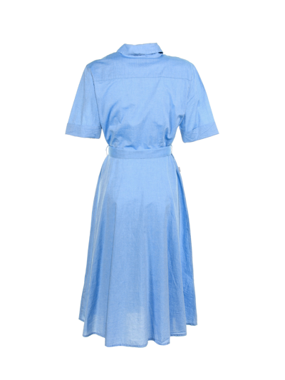Shop Woolrich Long Lightweight Dress In Chambray Cotton In Light Blue
