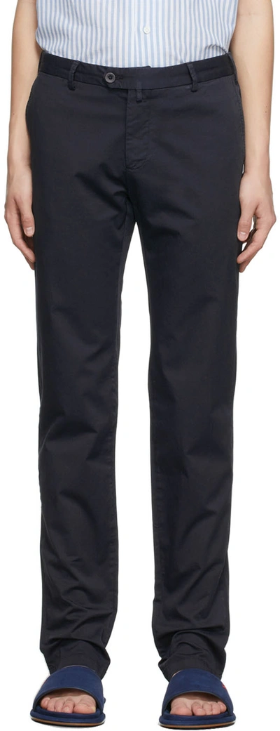 Shop Isaia Navy Cotton Trousers In 820 Navy