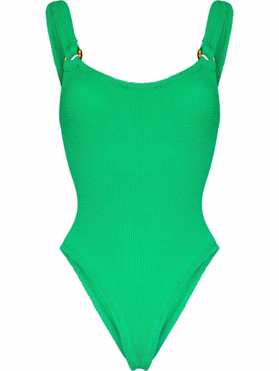 Shop Hunza G Domino Crinkle-effect Swimsuit In Green