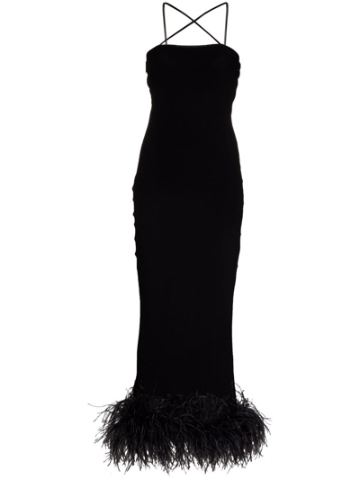 Shop 16arlington Arya Feather-trimmed Long Dress In Schwarz