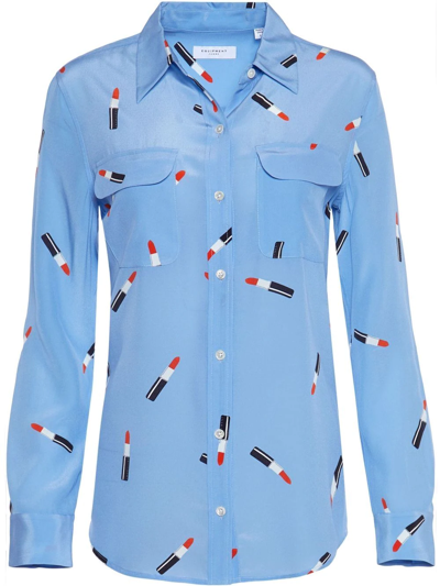 Shop Equipment Slim Lipstick-print Silk Shirt In Blue