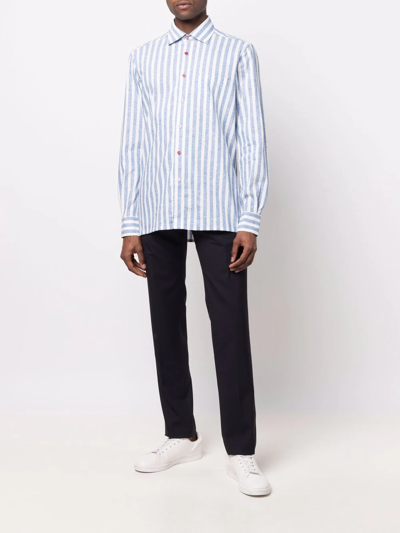 Shop Kiton Striped Long-sleeve Linen Shirt In Blau