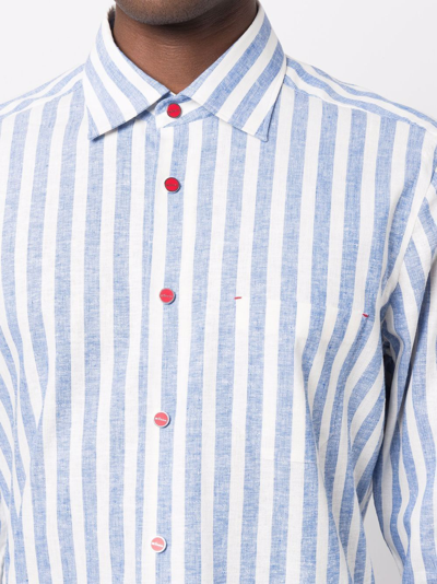 Shop Kiton Striped Long-sleeve Linen Shirt In Blau