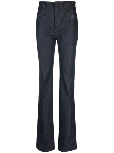 Saint Laurent Dark Blue High-waisted Bootcut Jeans In Blue