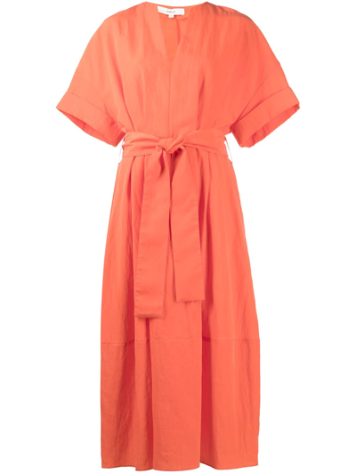 Shop Vince Short-sleeve Belted Shirt Dress In Orange
