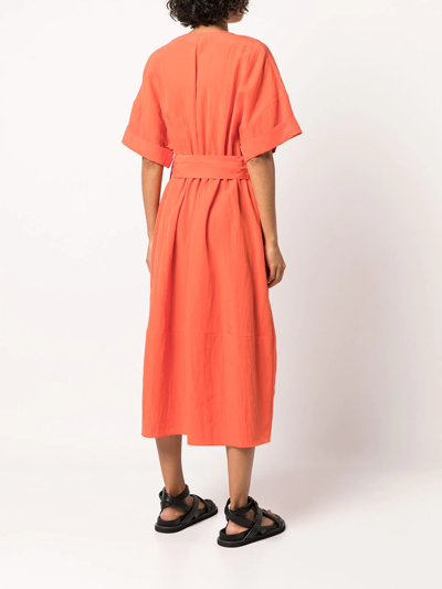 Shop Vince Short-sleeve Belted Shirt Dress In Orange