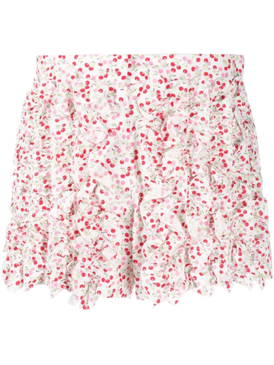 Msgm Cotton Shorts With Floral Print And Ruffle Detailing In Weiss