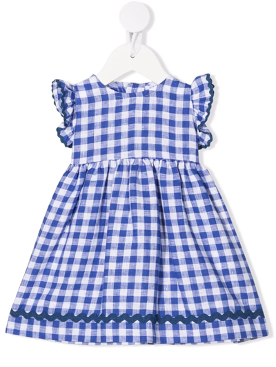 Shop Siola Gingham-print Ruffle Linen Dress In Blue