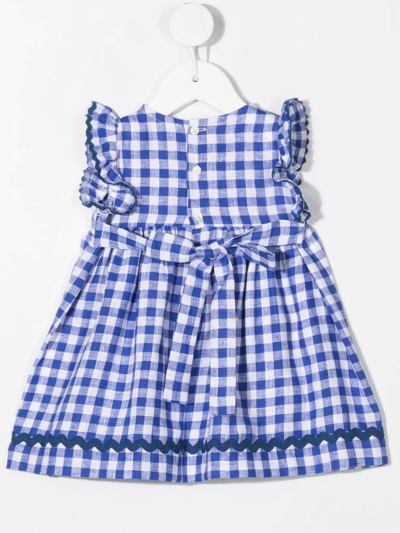Shop Siola Gingham-print Ruffle Linen Dress In Blue